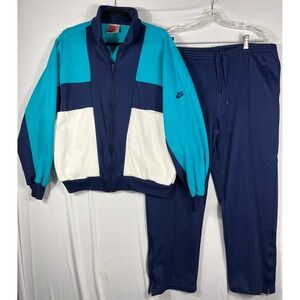 Vtg 80s 90s Nike Colorblock Tracksuit Jacket & Pants 2pc Set Lg Teal Blue White